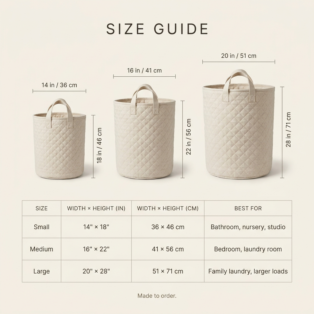 Ludovica hand-quilted laundry basket with a colourful stack of books and a teacup, size guide