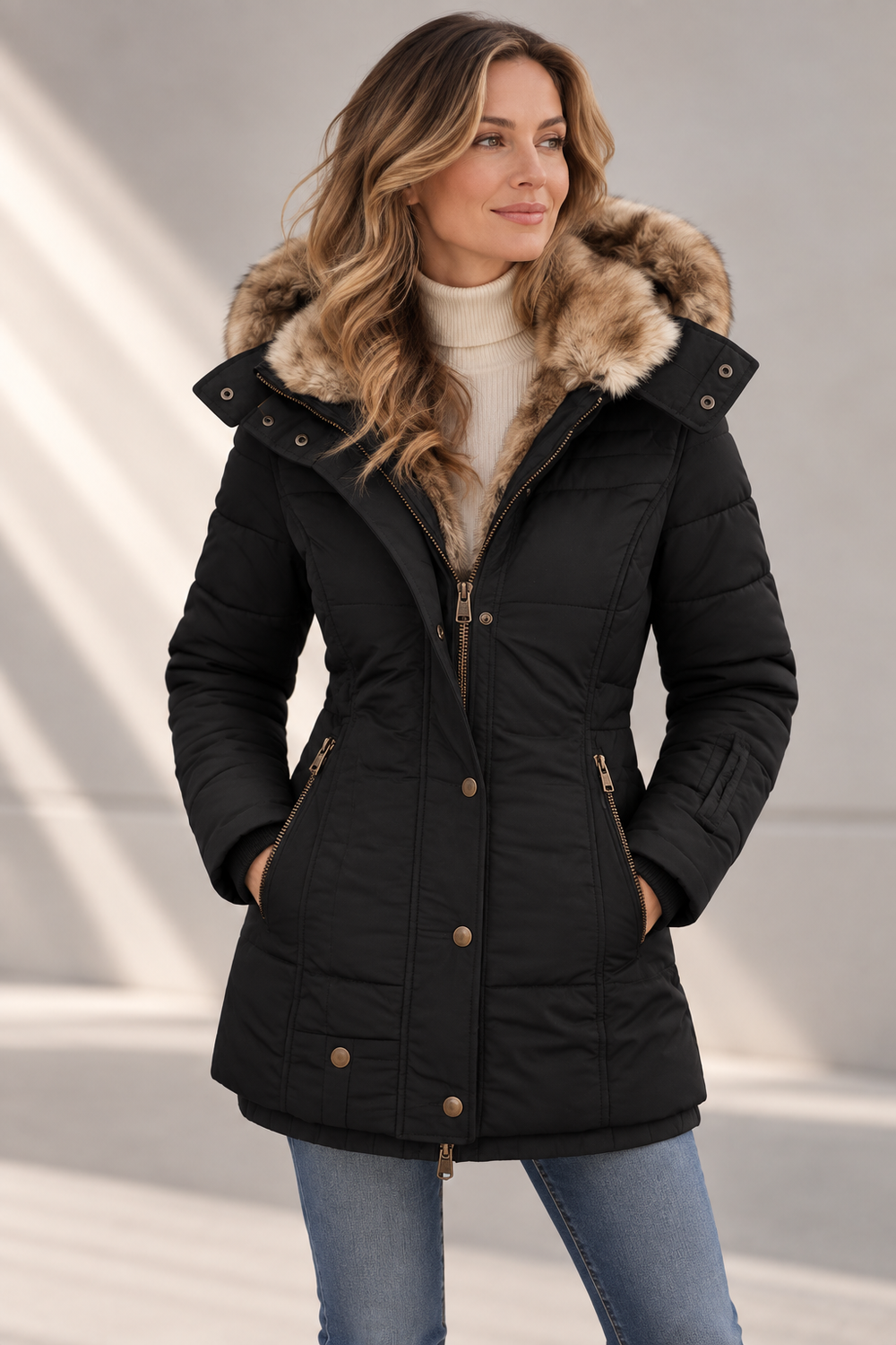 Marguerite warm padded winter coat in black, front view with fur-effect lined hood