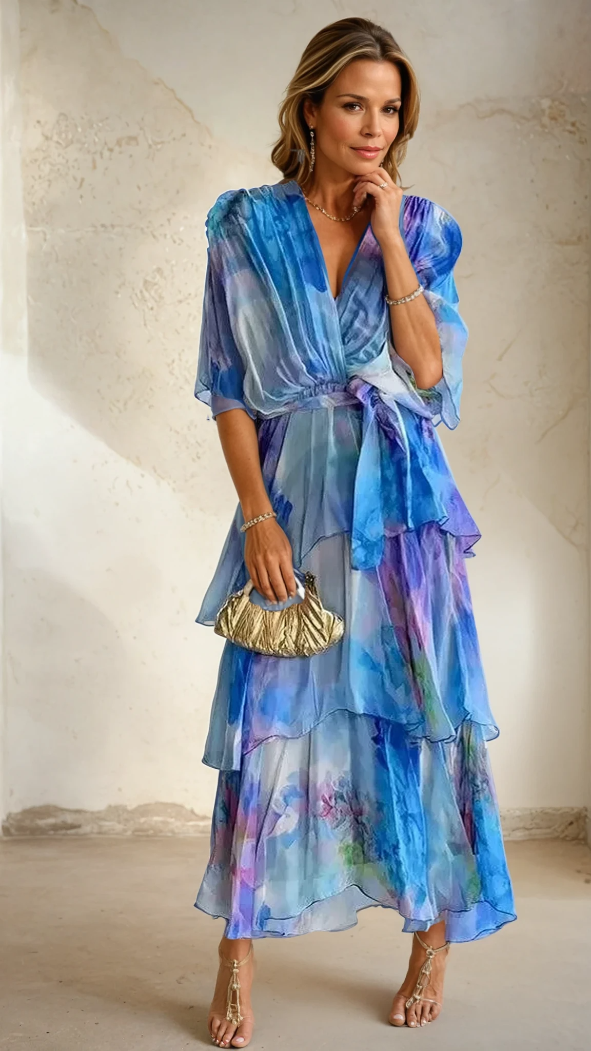 Lettice floral tiered wrap dress in blue, full-length front view
