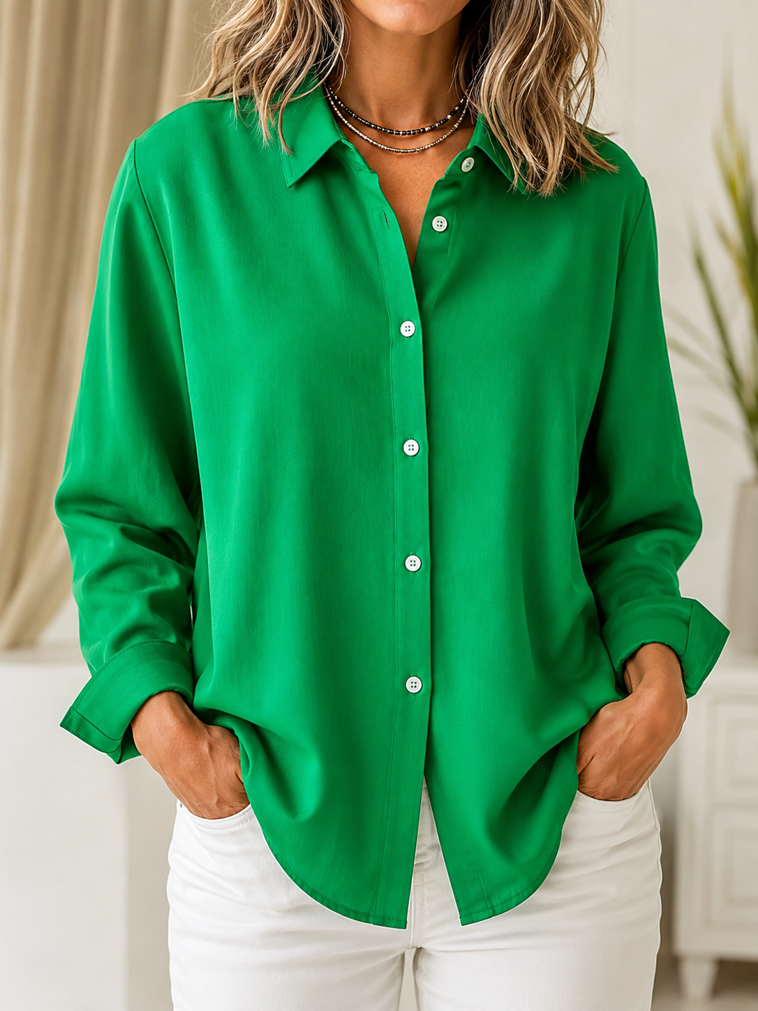 Marguerite solid button front blouse in emerald green, front view
