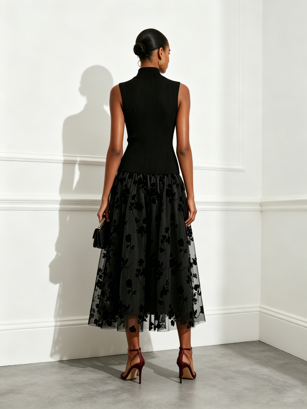 Annwen high-neck flocked tulle midi dress in Black, back view