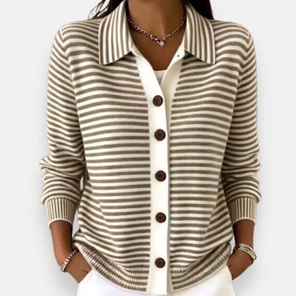 Septima striped collared cardigan in brown, front view
