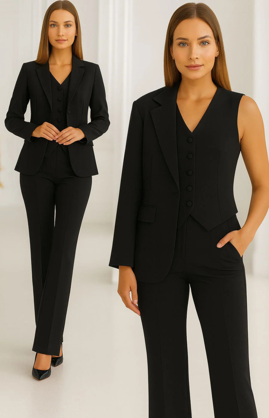 Henrietta elegant three-piece suit in black, full-length and close-up view