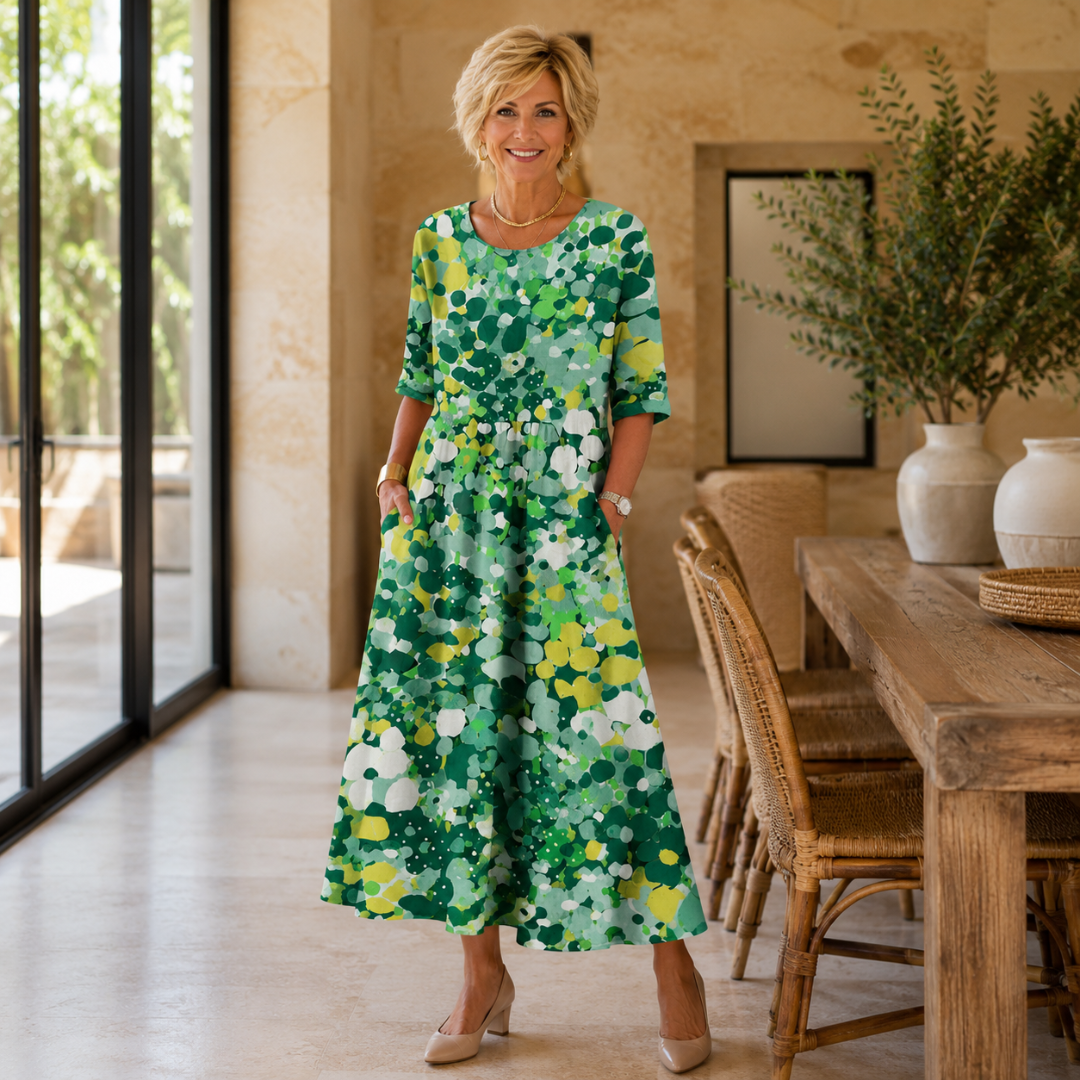 Truda confetti dot midi dress in green, front view