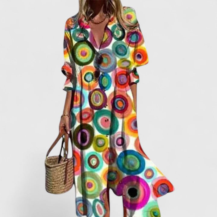 Vanessa long printed shirt dress in multicolour circle print, front view