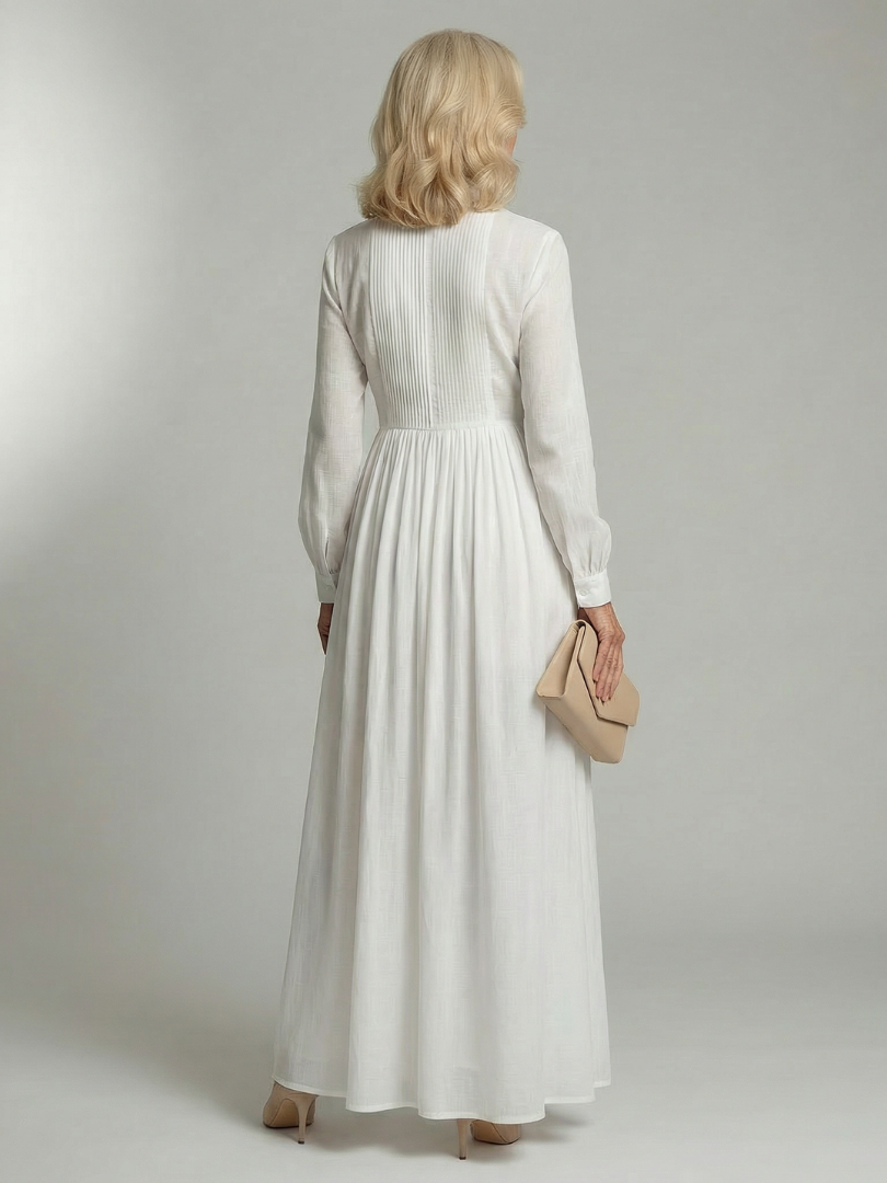 Greer pintucked maxi shirt dress in white, full-length back view