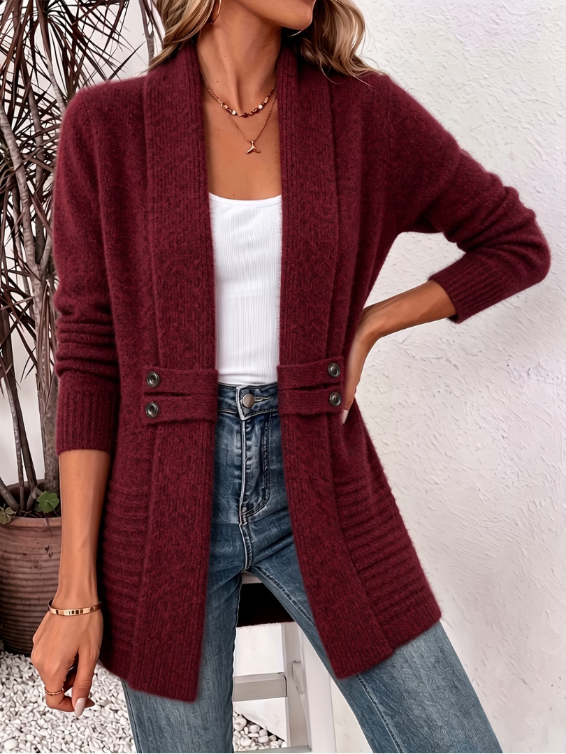 Ambrosine longline knit cardigan in burgundy, front view
