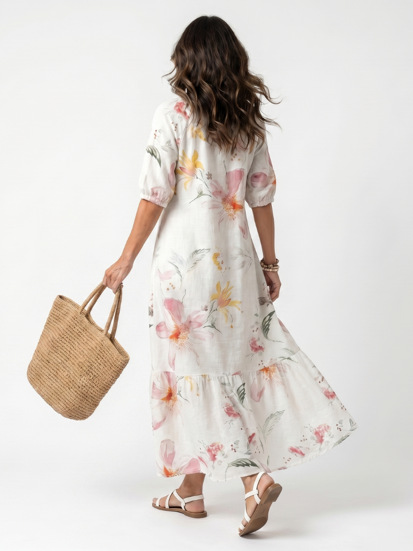 NOA | SOFT FLORAL TIERED TASSEL MIDI DRESS