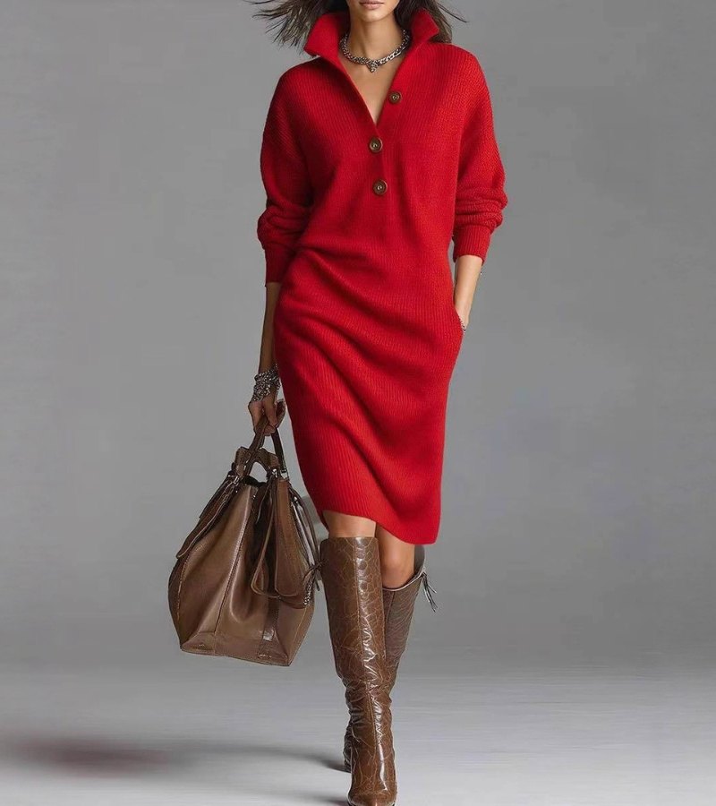 Delpha knit jumper dress in red, front view