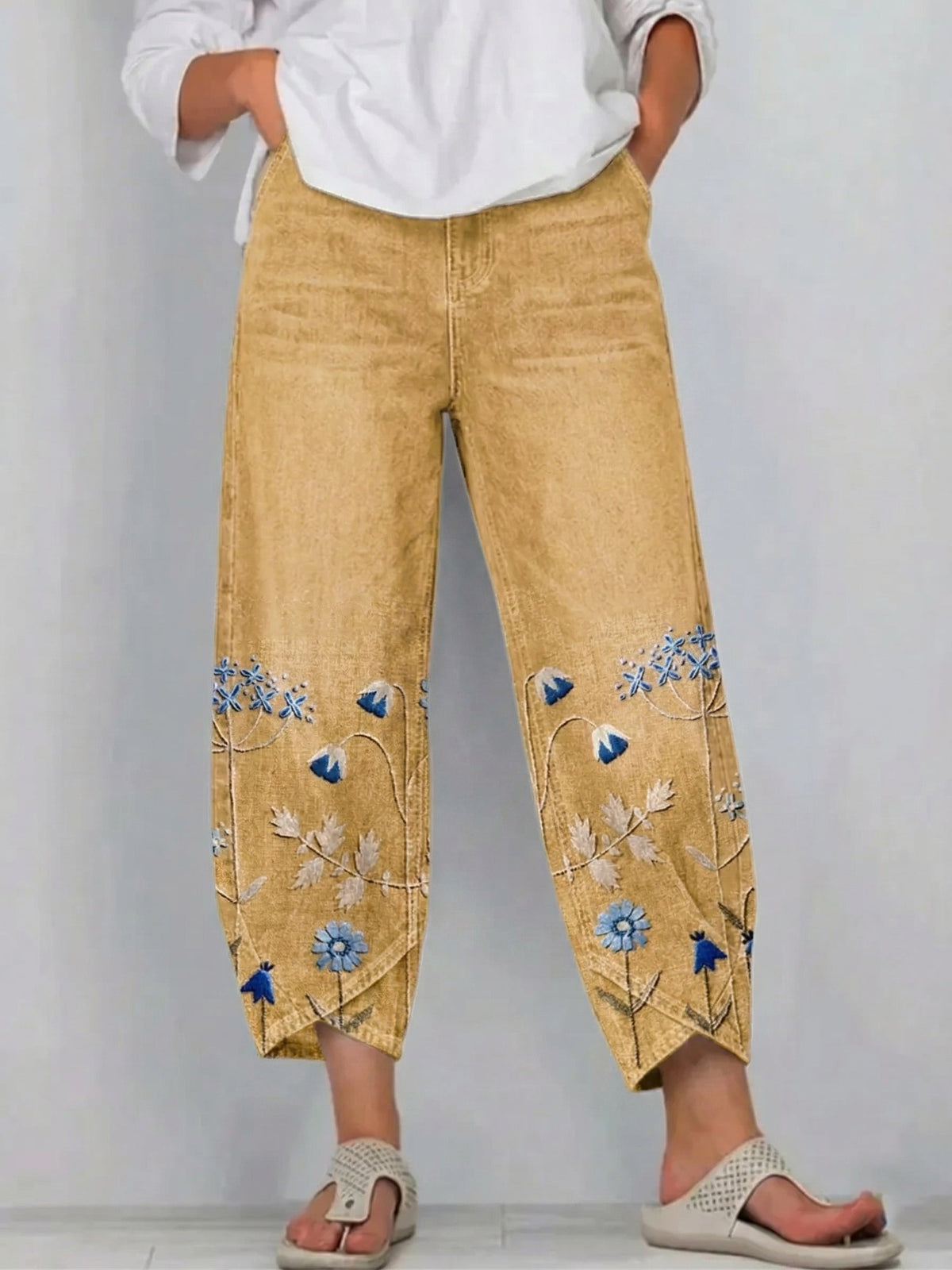 Viola floral comfort trousers in yellow, front view
