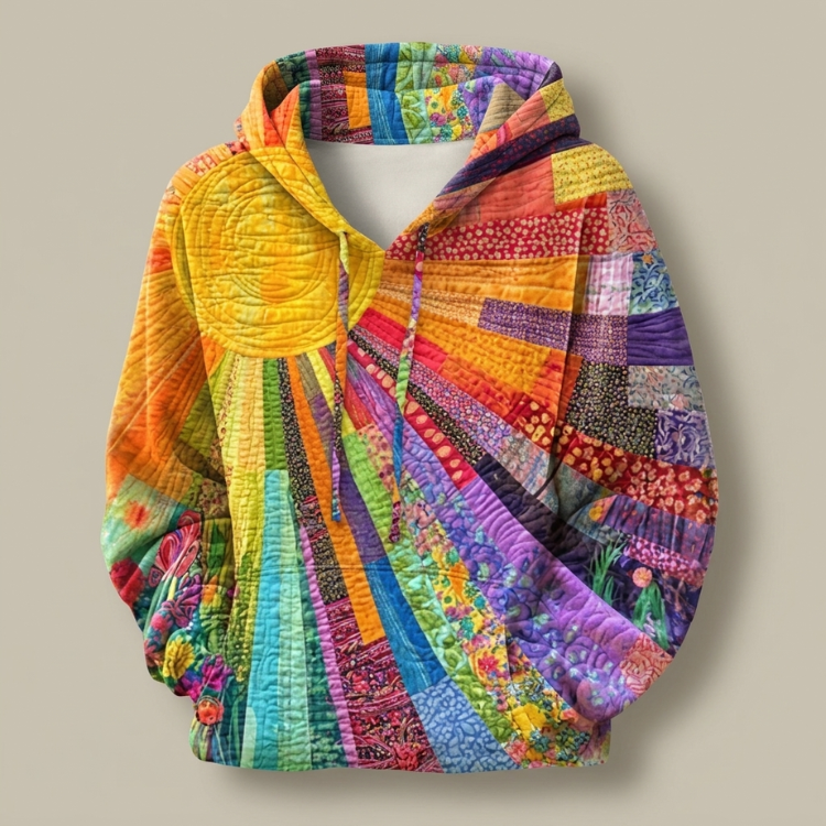 Amabel quilted patchwork hoodie in multicolour, flat lay