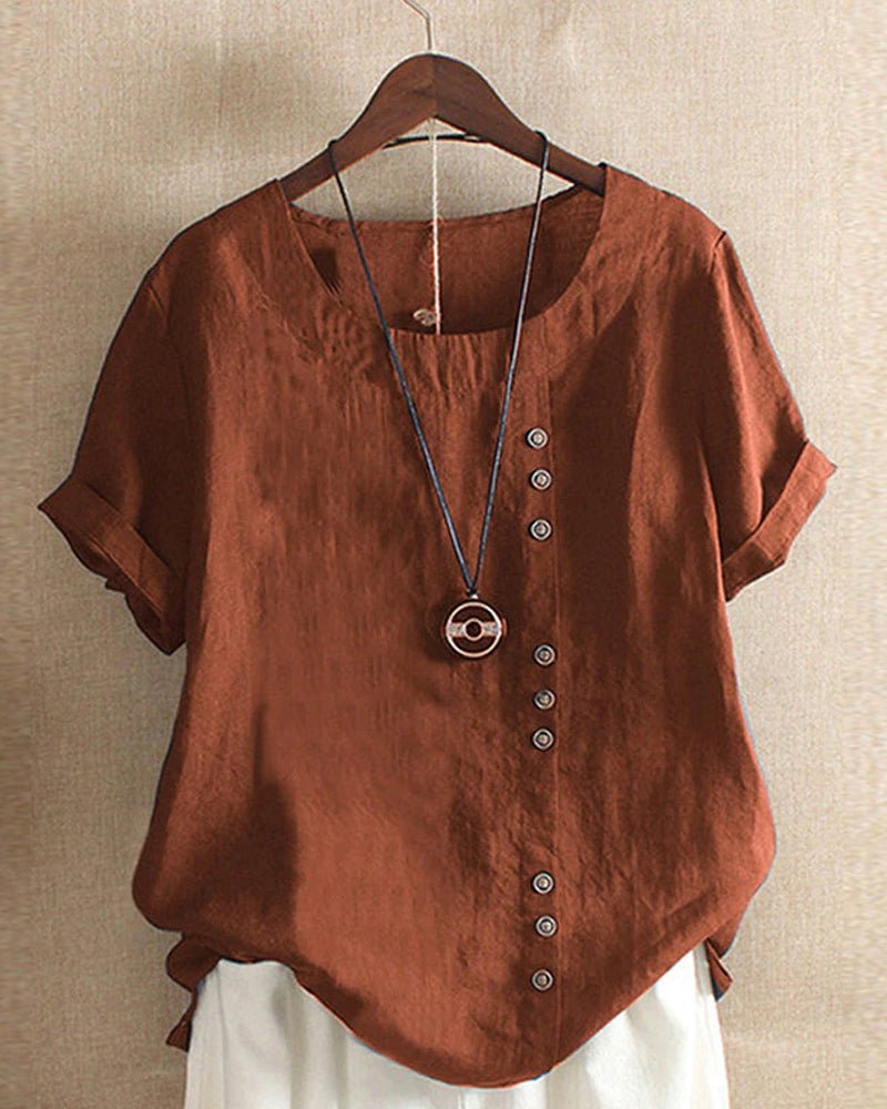 Miranda linen-look button-detail T-shirt in rust, front view on hanger