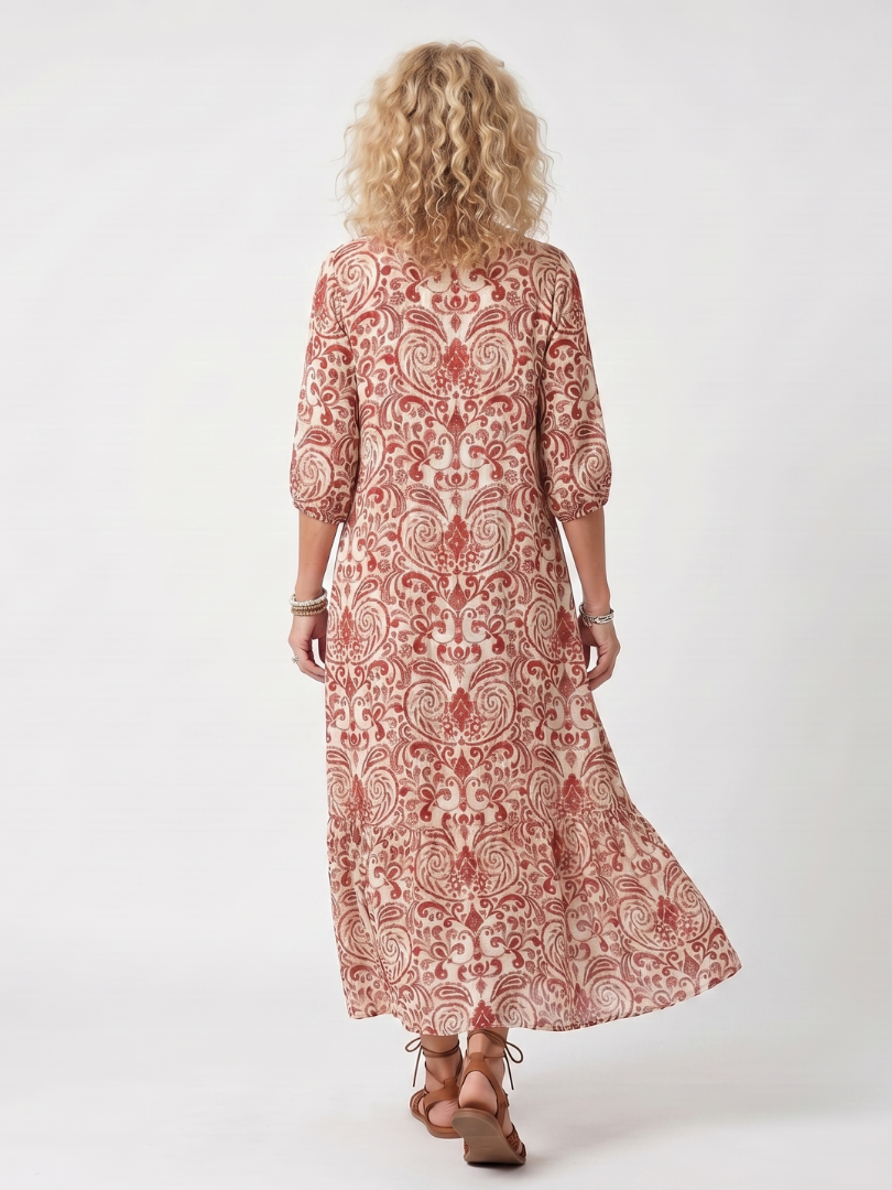 NOELLE | ORNATE PRINT TASSEL TIE MIDI DRESS