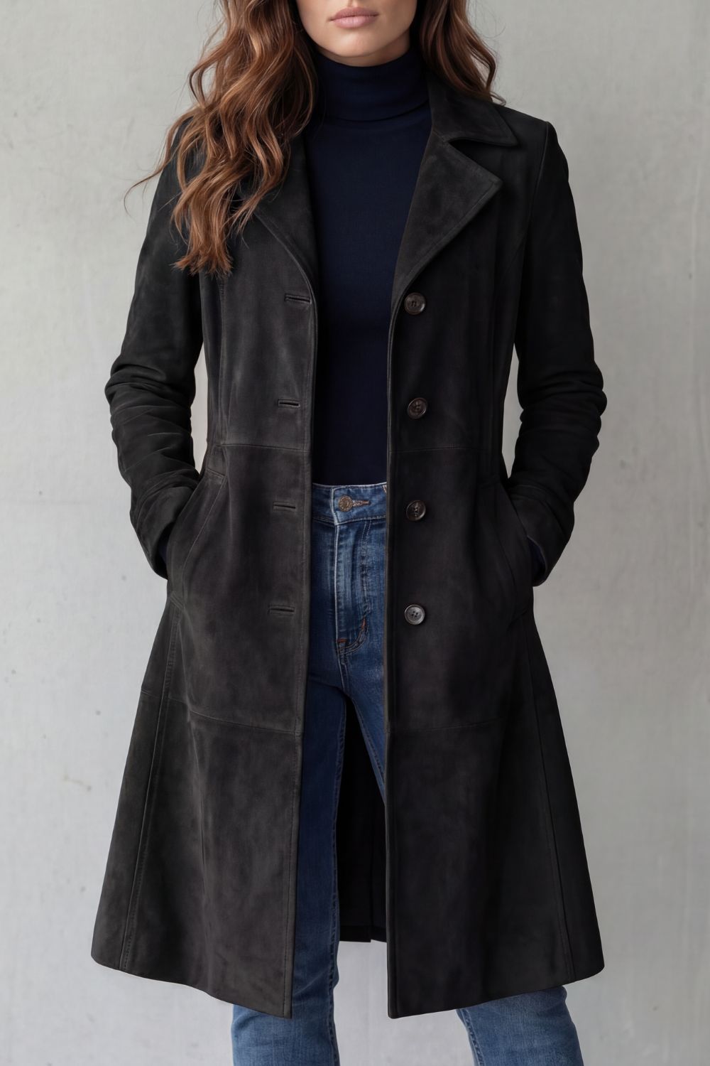 Dinah suede-look long coat in black, front view