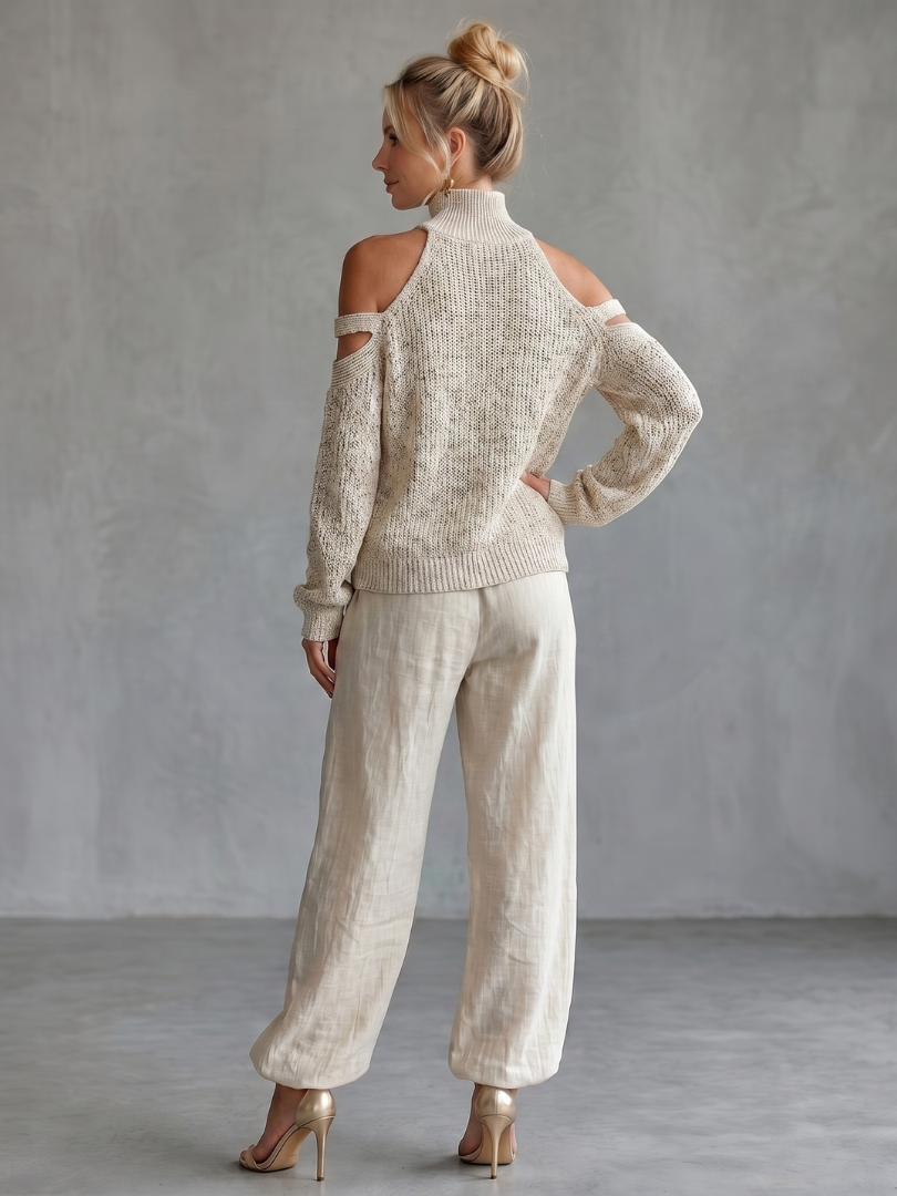 Questa - Open Shoulder Knit Top And Wide Leg Pants Set