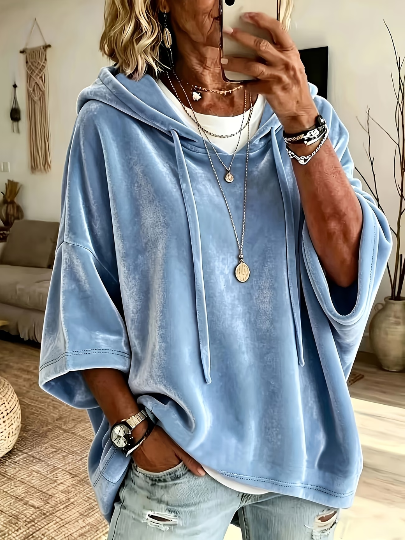 Carolina poncho hoodie in blue, front view