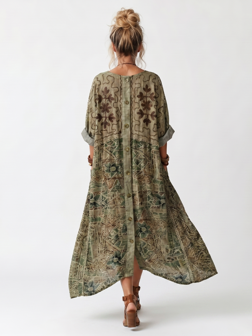 ALETA | BUTTON FRONT EMBROIDERED OVERSIZED POCKET MIDI DRESS