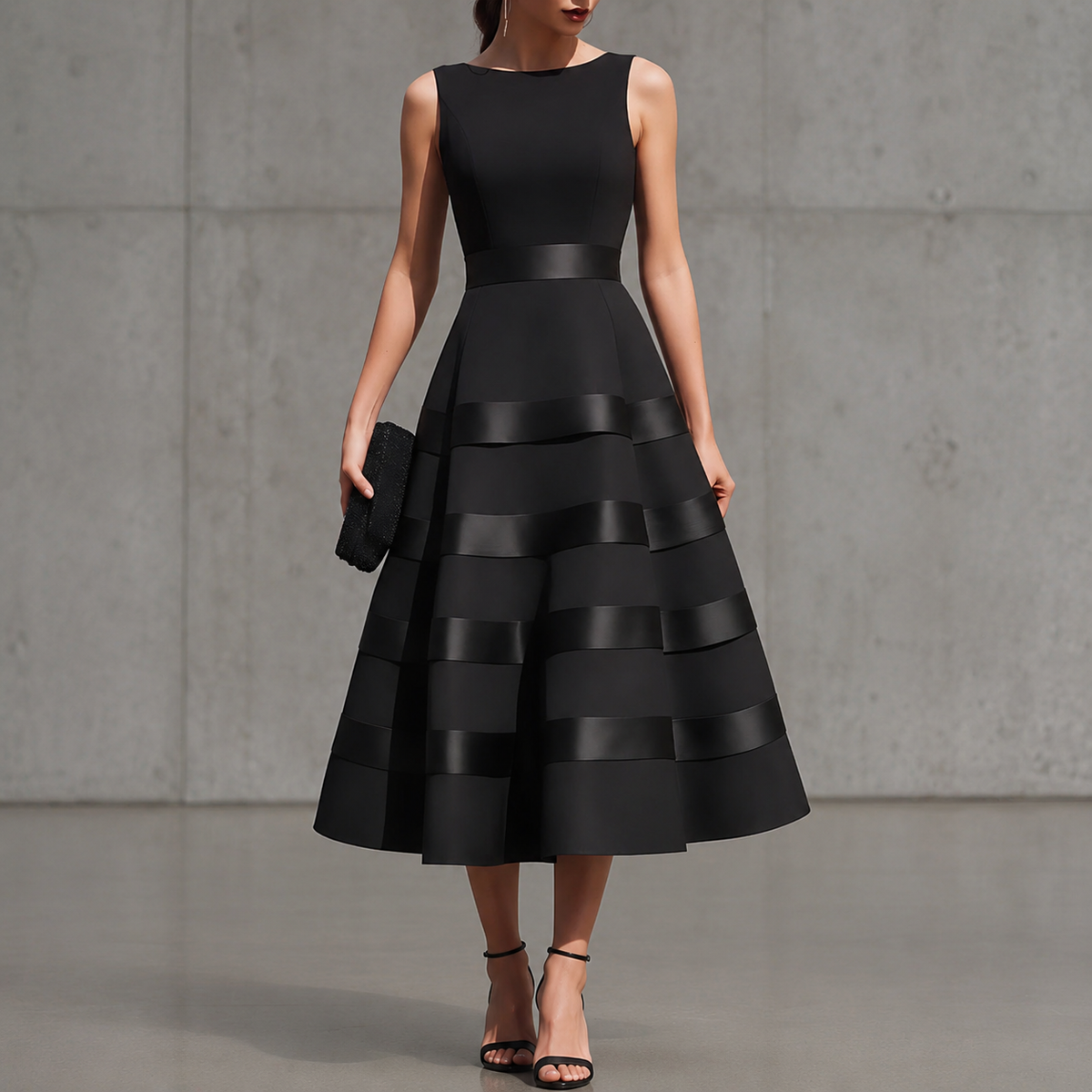Ebrel sleeveless midi dress in black, front view