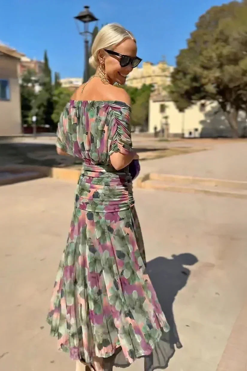 Eloísa long floral chiffon dress in green, three-quarter back view