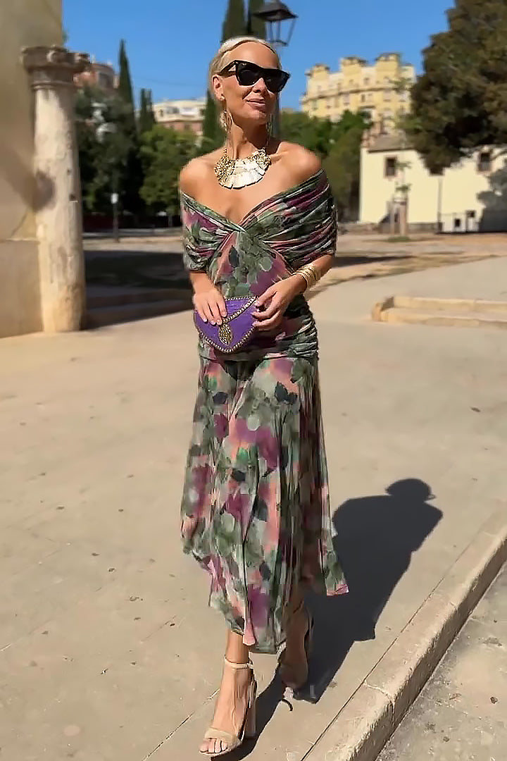 Eloísa long floral chiffon dress in green, full-length front view