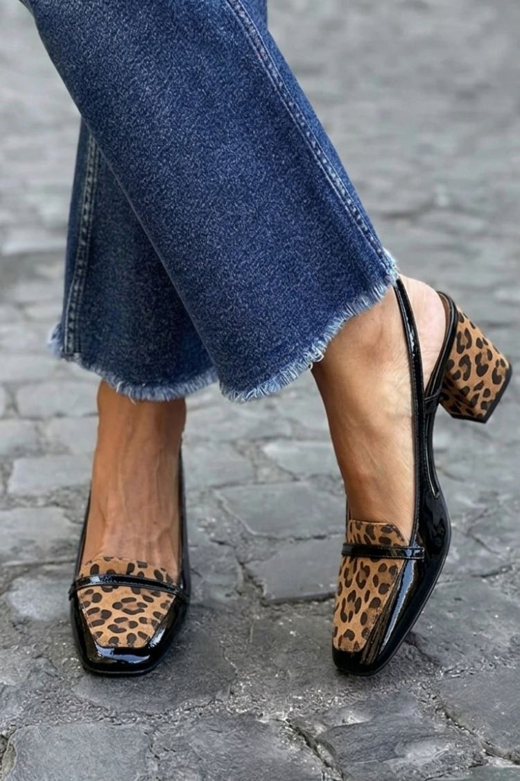 Purple Square-Toe Patchwork Slingback Block Heels