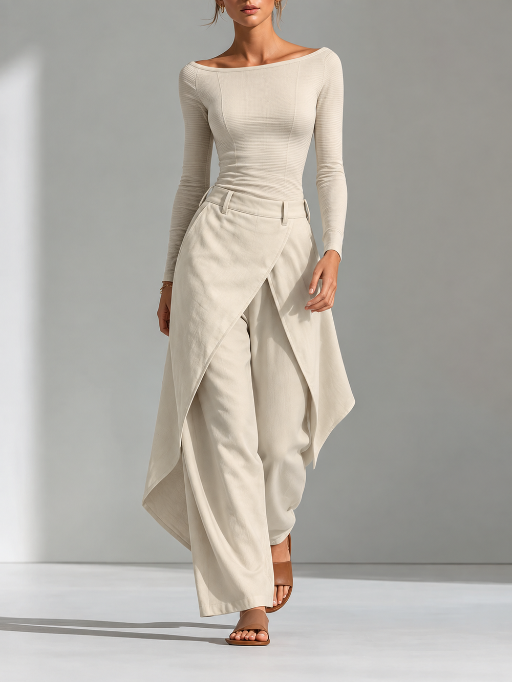 Delphine | Beige Boat-Neck Top and Wide-Leg Ruffle-Trouser Set