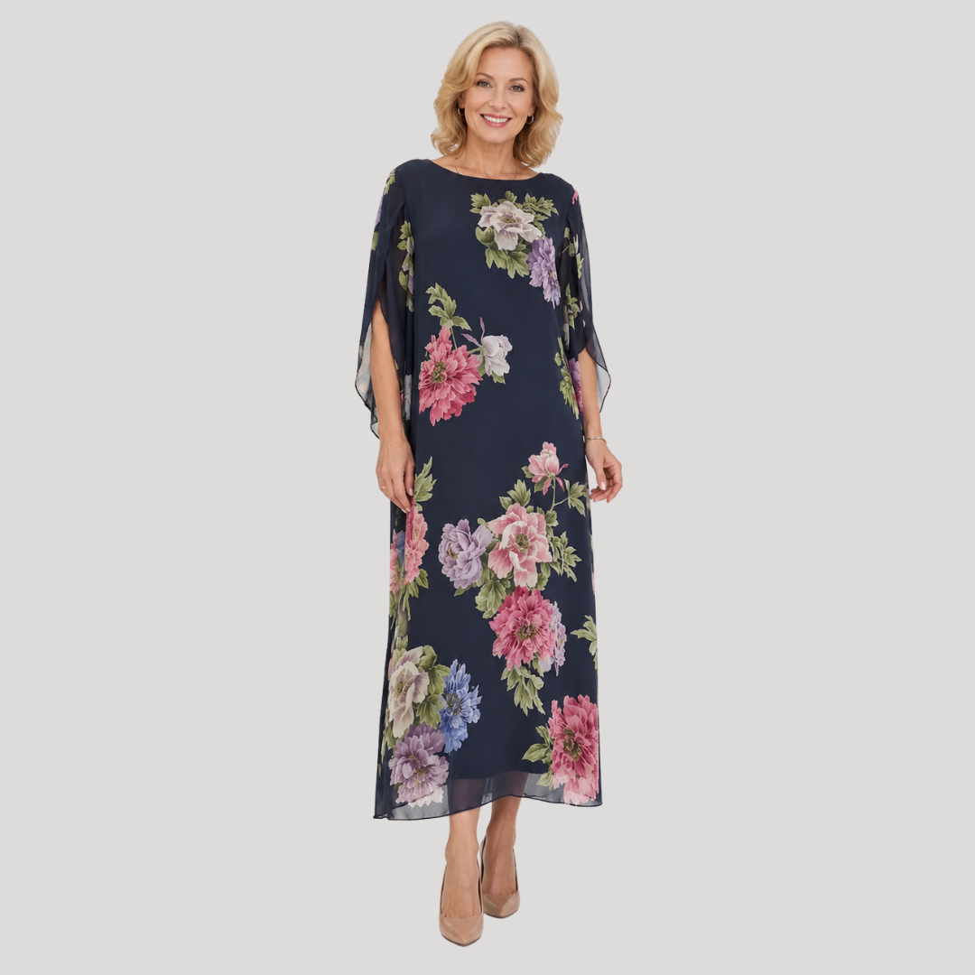 Elowen navy floral chiffon dress, front view on a light background