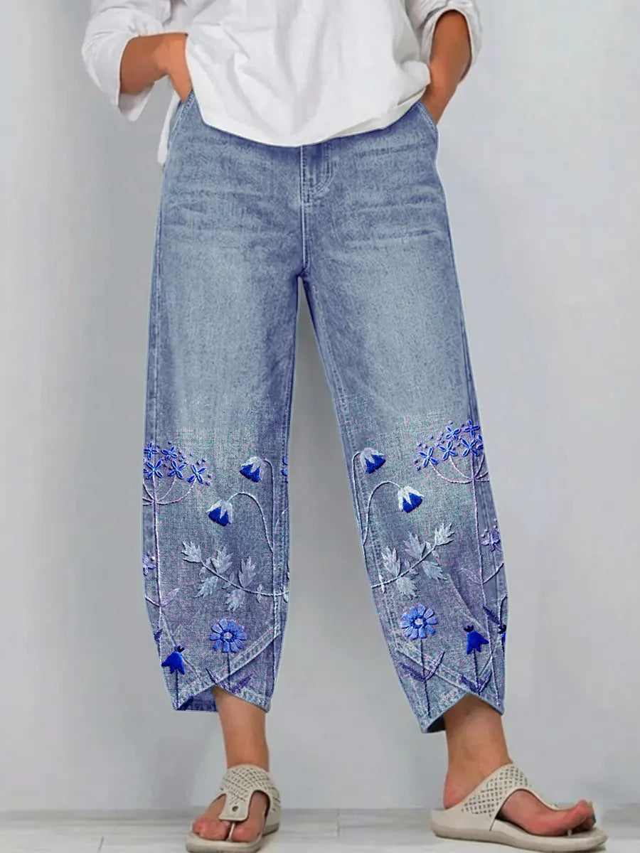 Viola floral comfort trousers in blue, front view