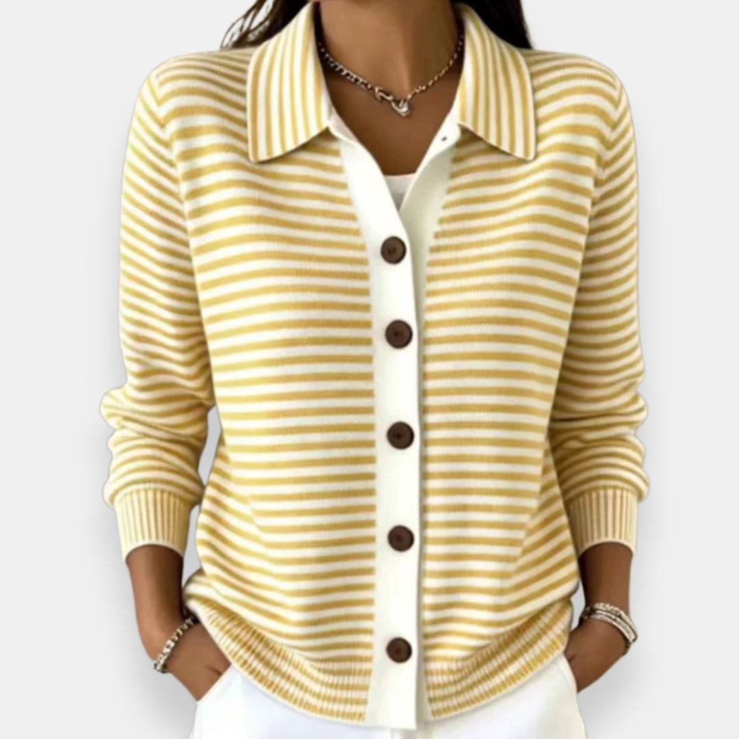 Septima striped collared cardigan in yellow, front view
