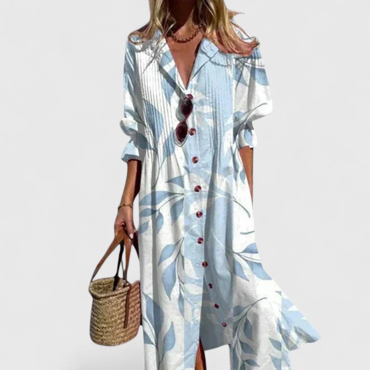 Vanessa long printed shirt dress in white and light blue leaf print, front view