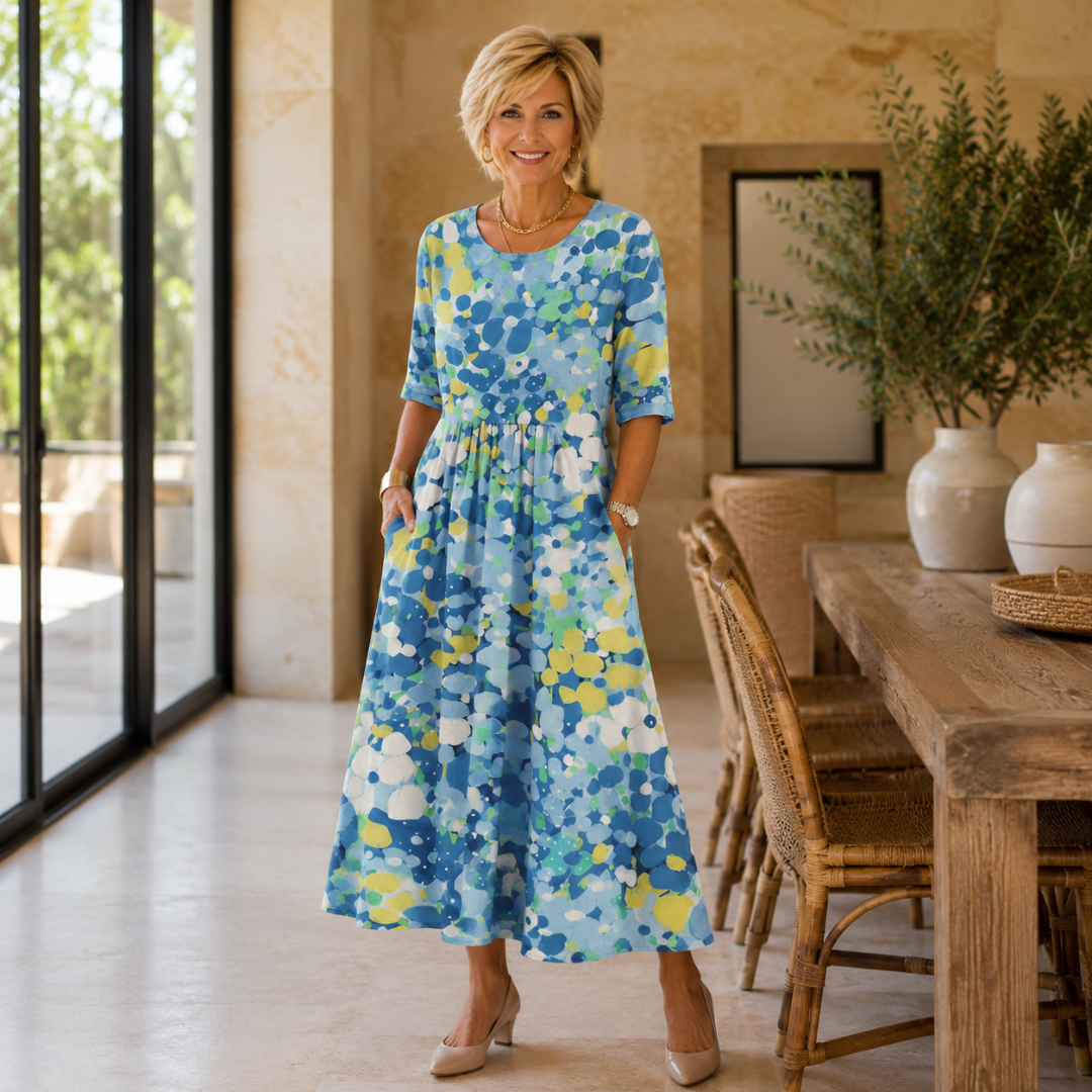 Truda confetti dot midi dress in blue, front view