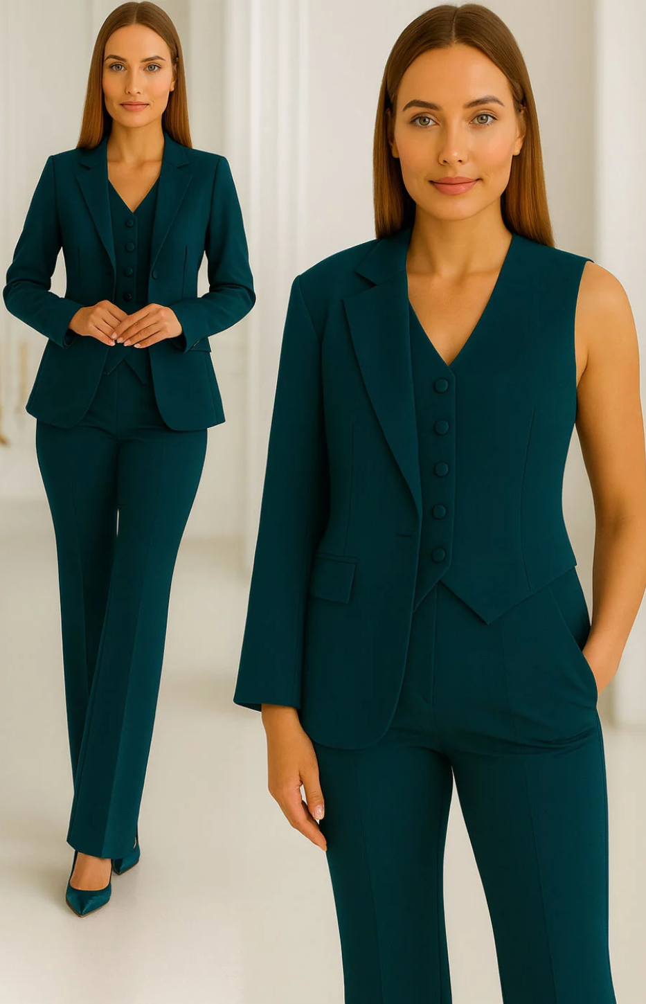 Henrietta elegant three-piece suit in dark teal, full-length and close-up view