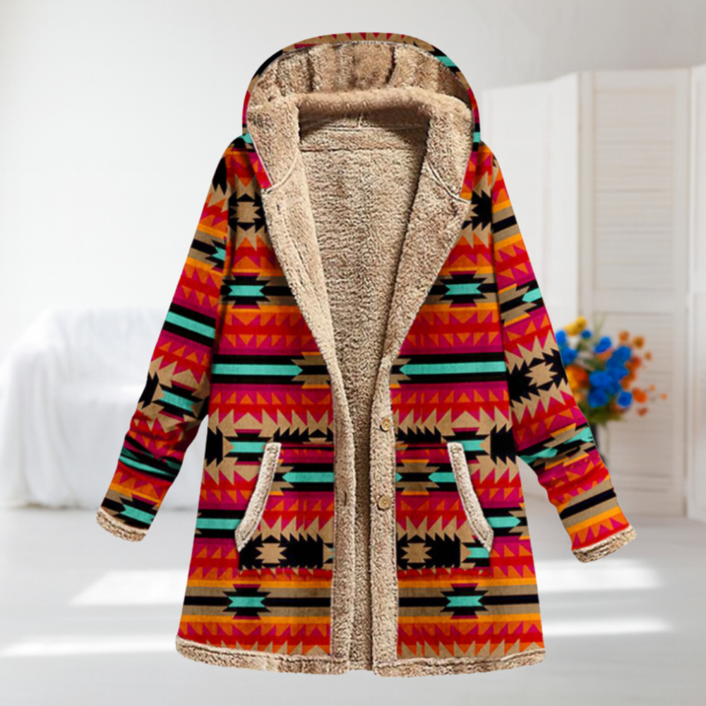 Ada hooded Aztec-print coat in orange, front view with plush-trimmed hood and pockets