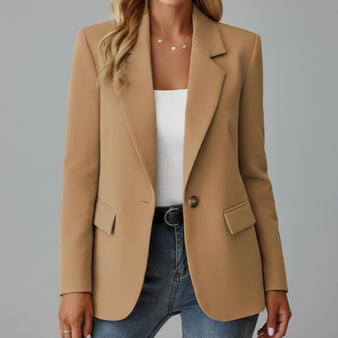Charlotte notched lapel blazer in camel, front view with single button