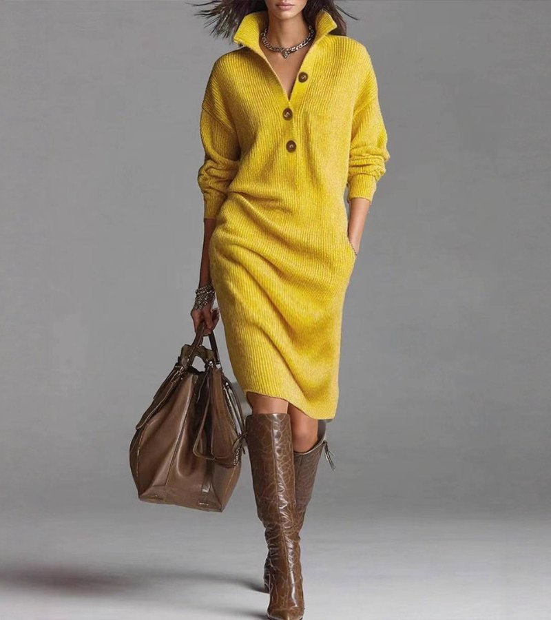 Delpha knit jumper dress in mustard, front view