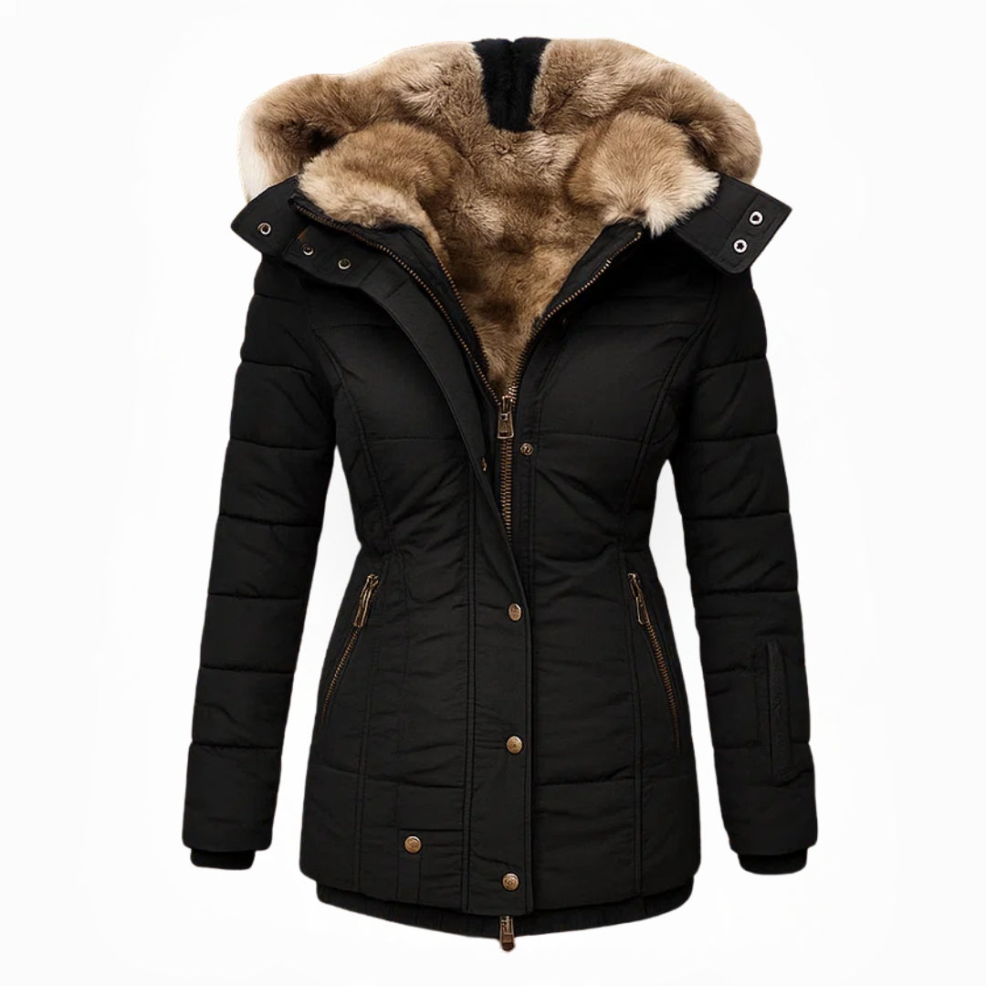 Marguerite warm padded winter coat in black, front view with hood up