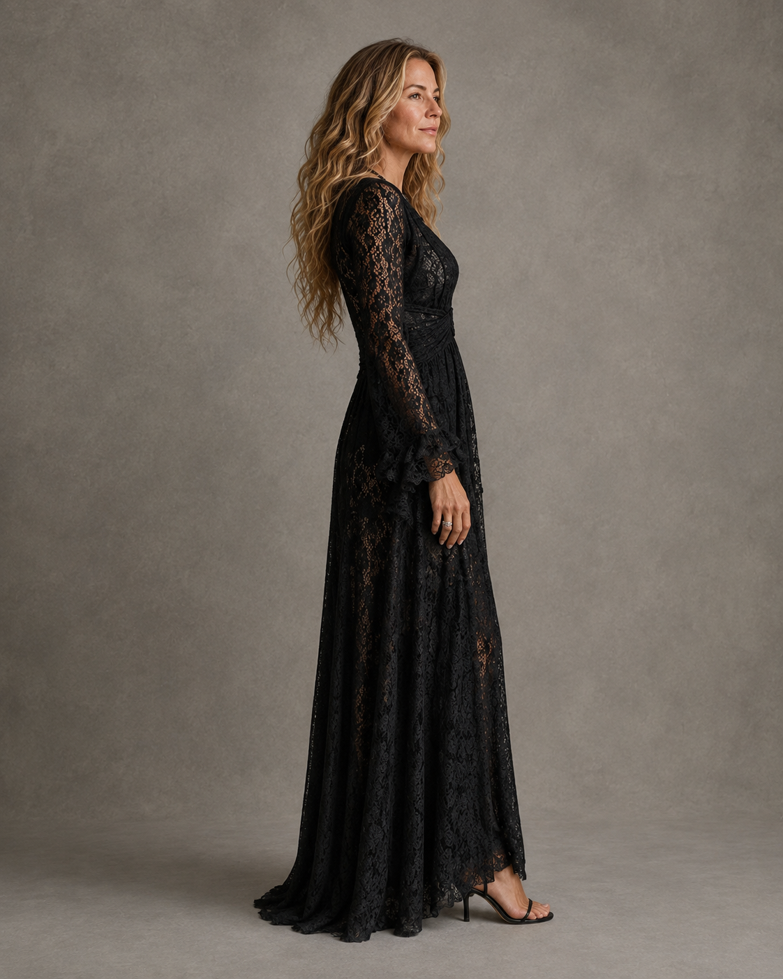 Heulwen lace maxi dress in black, side view
