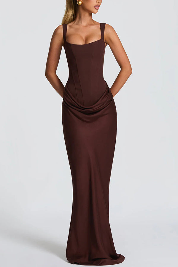 Persis corset-style square-neck maxi dress in brown, front view