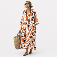 LONG KAFTAN | ORANGE NAVY GEOMETRIC PRINT