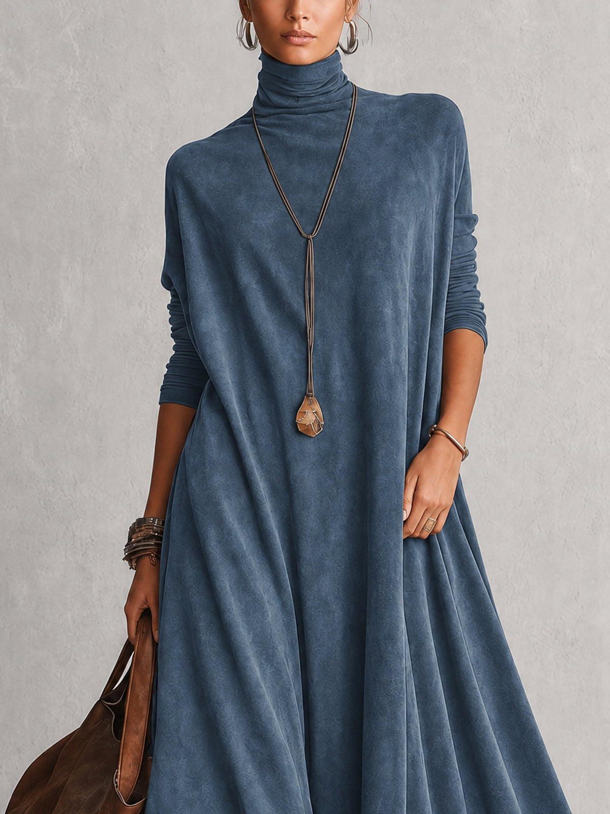 Lilibet lace hem maxi dress in blue, close-up of high neck