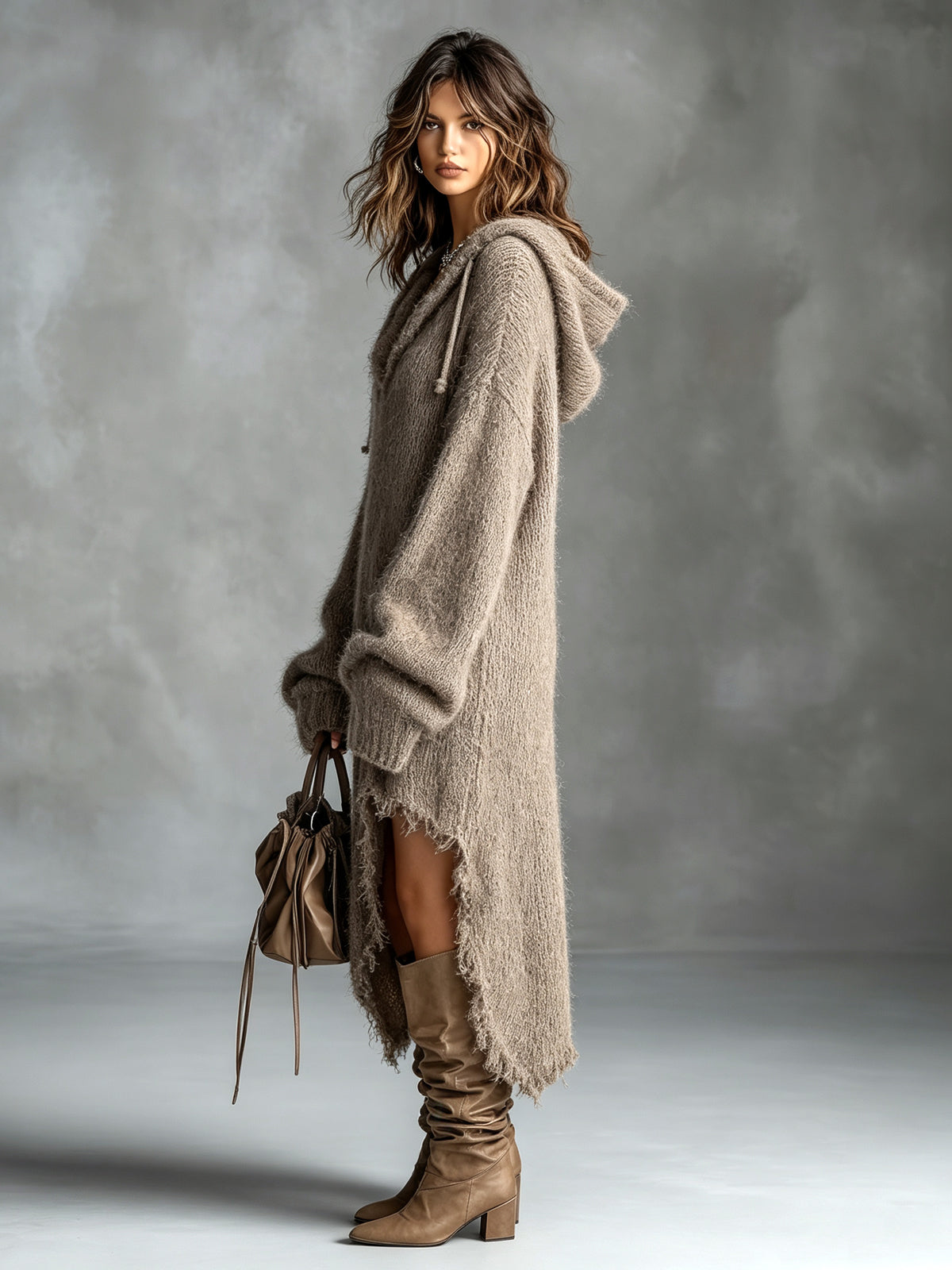 Maudie hooded soft knit midi dress in brown, side view with hood up