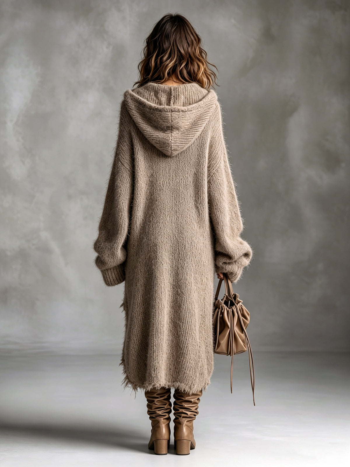 Maudie hooded soft knit midi dress in brown, detail view