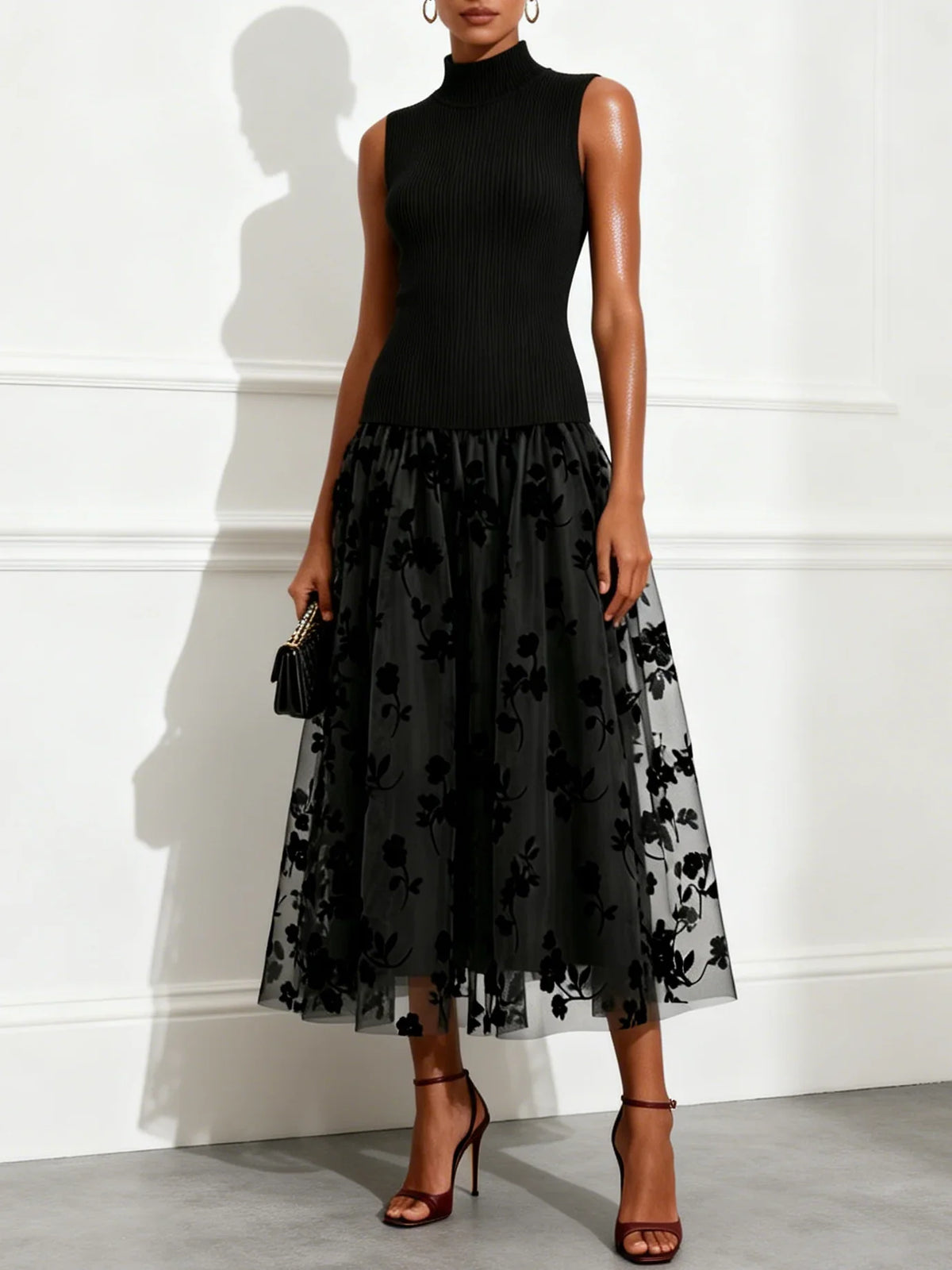 Annwen high-neck flocked tulle midi dress in Black, front view