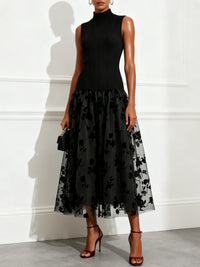 ANNWEN | HIGH-NECK FLOCKED TULLE MIDI DRESS