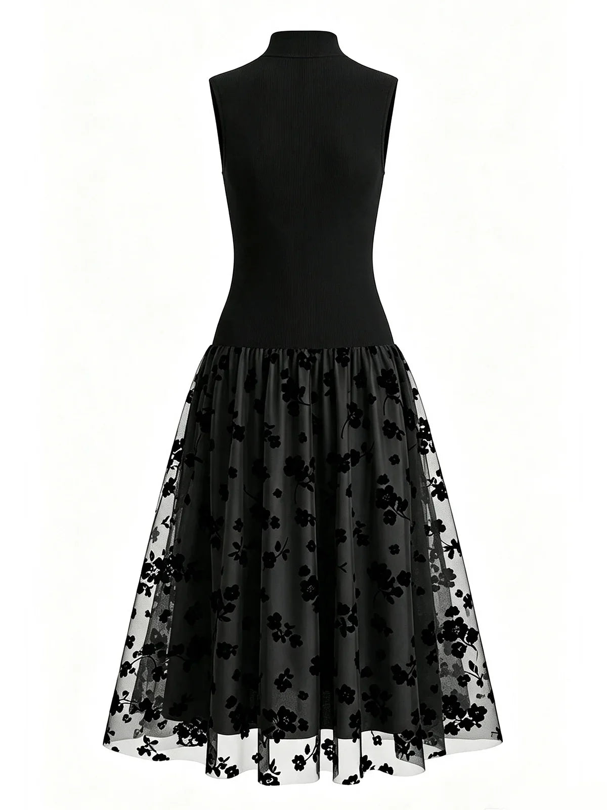 Annwen high-neck flocked tulle midi dress in Black, back product view
