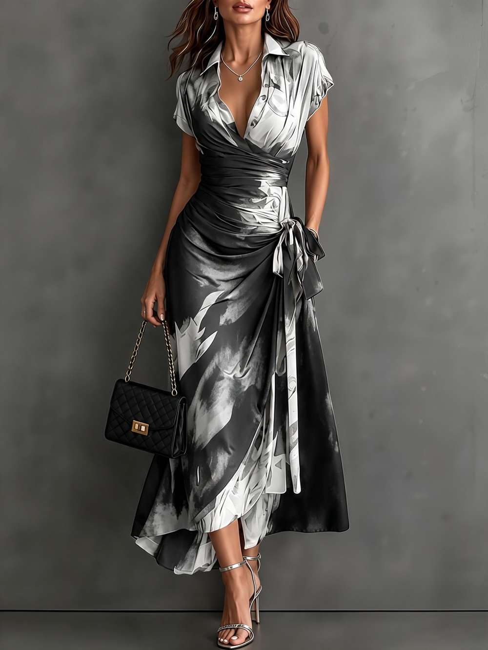 CARLOTTA | BLACK & WHITE ABSTRACT PRINT MIDI WRAP DRESS