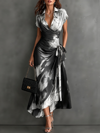 CARLOTTA | BLACK & WHITE ABSTRACT PRINT MIDI WRAP DRESS