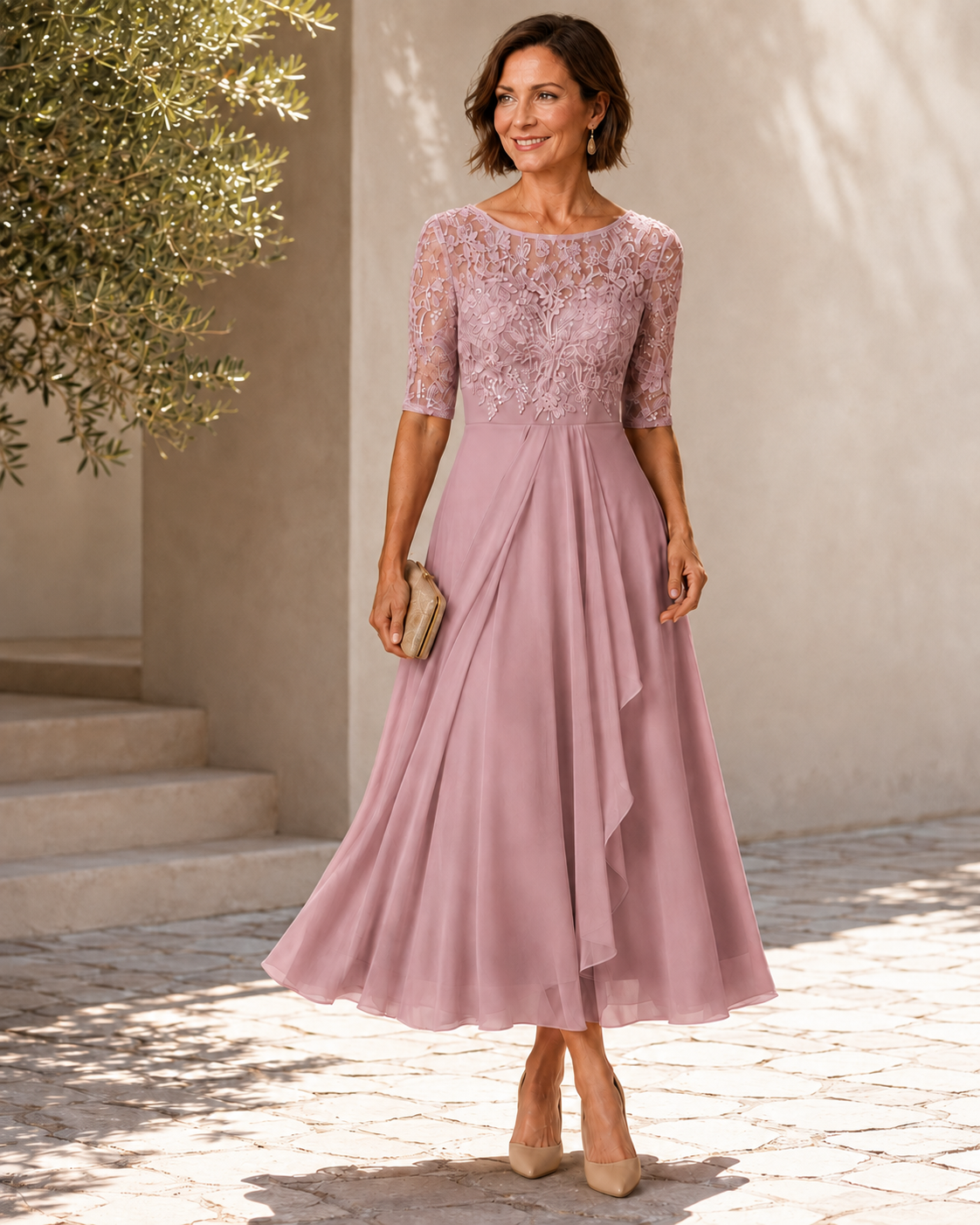 Rose lace and chiffon midi dress, view 2