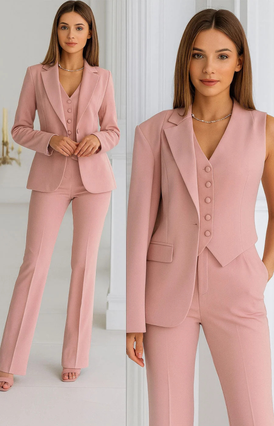 Henrietta elegant three-piece suit in pink, full-length and close-up view