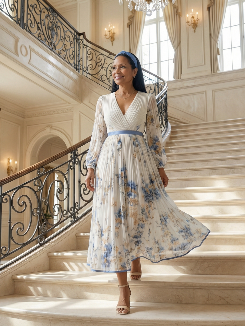 Rhiannon pleated floral wrap midi dress in white, worn on a grand staircase